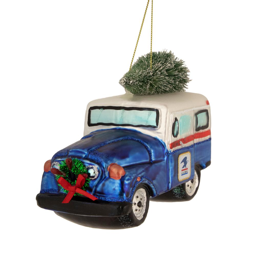 5" Blue and White "U.S. Mail" Service Truck with Tree Glass Christmas Ornament. Picture 3