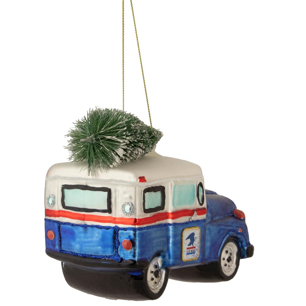 5" Blue and White "U.S. Mail" Service Truck with Tree Glass Christmas Ornament. Picture 4