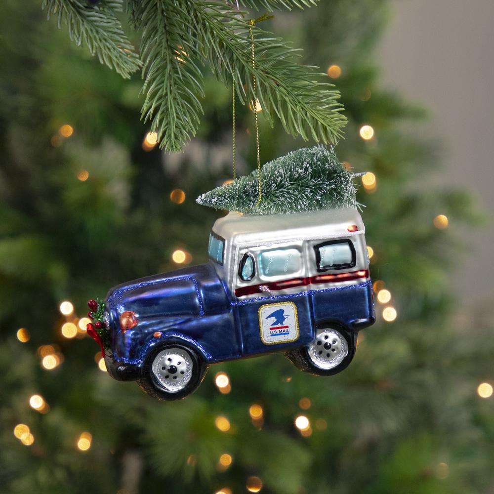 5" Blue and White "U.S. Mail" Service Truck with Tree Glass Christmas Ornament. Picture 2