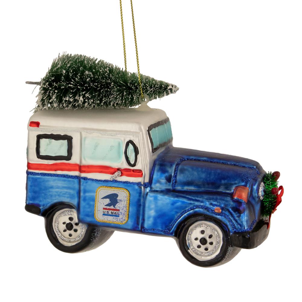 5" Blue and White "U.S. Mail" Service Truck with Tree Glass Christmas Ornament. Picture 1