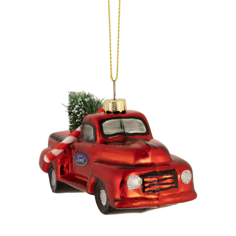 4" Red Vintage Ford Truck with Frosted Tree Glass Christmas Ornament. Picture 3