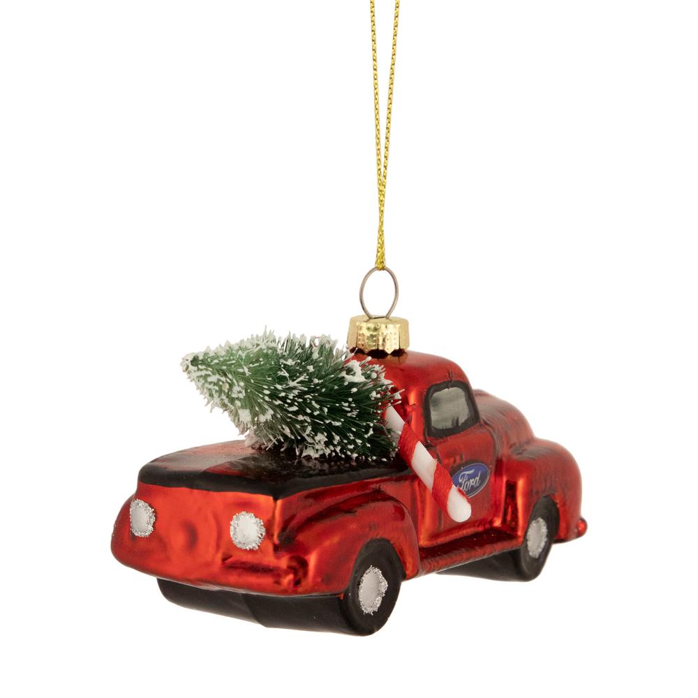 4" Red Vintage Ford Truck with Frosted Tree Glass Christmas Ornament. Picture 4