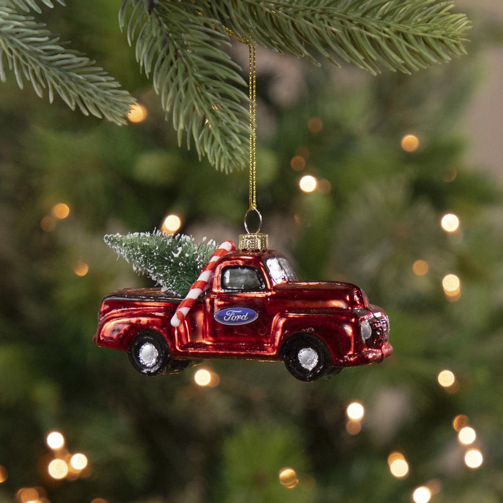 4" Red Vintage Ford Truck with Frosted Tree Glass Christmas Ornament. Picture 2