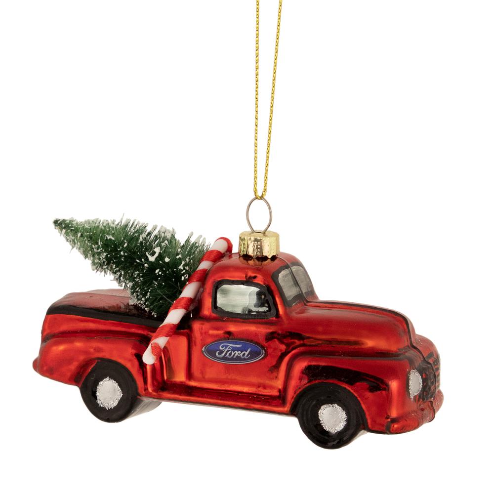 4" Red Vintage Ford Truck with Frosted Tree Glass Christmas Ornament. Picture 1