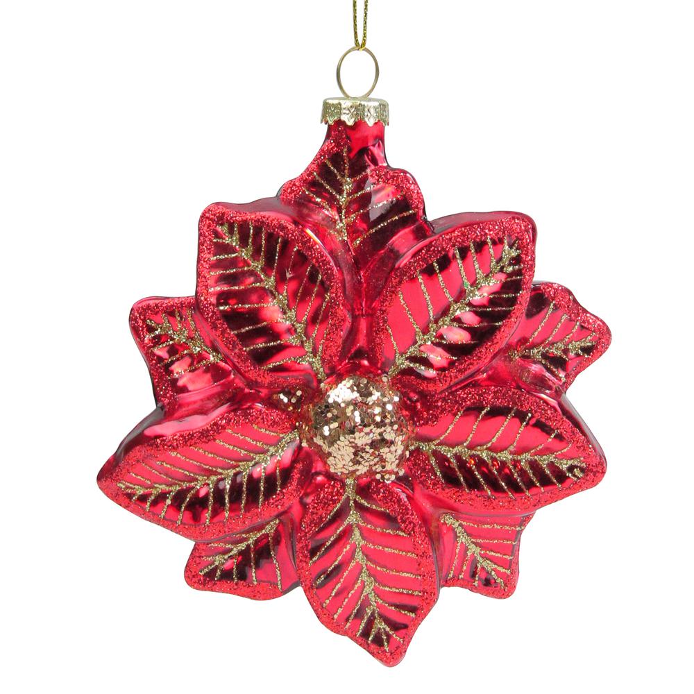 4.5" Red and Gold Glittery Poinsettia Glass Christmas Ornament. Picture 1