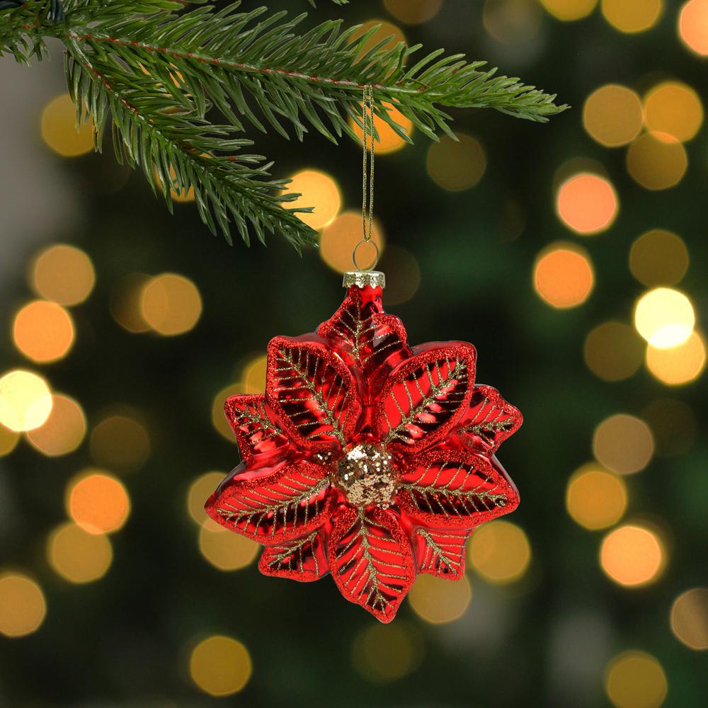 4.5" Red and Gold Glittery Poinsettia Glass Christmas Ornament. Picture 2