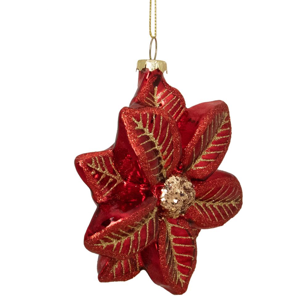 4.5" Red and Gold Glittery Poinsettia Glass Christmas Ornament. Picture 3
