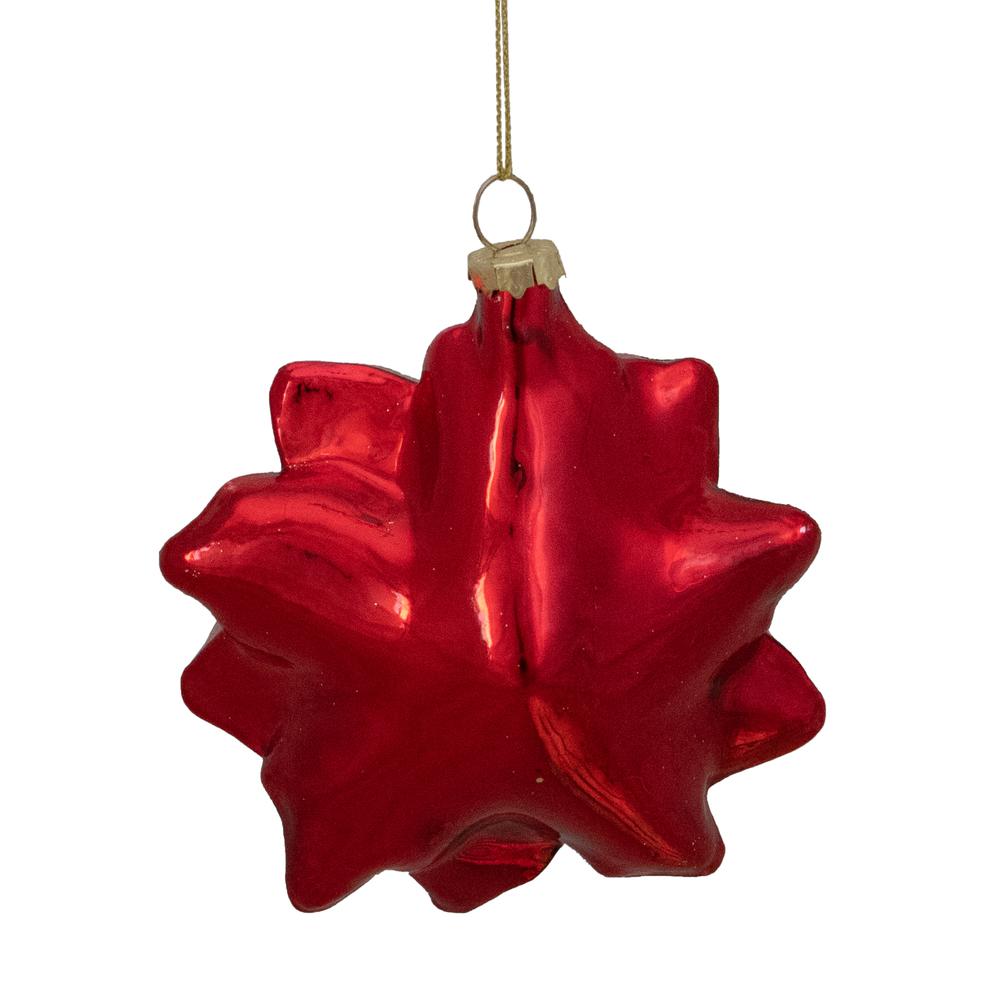 4.5" Red and Gold Glittery Poinsettia Glass Christmas Ornament. Picture 4