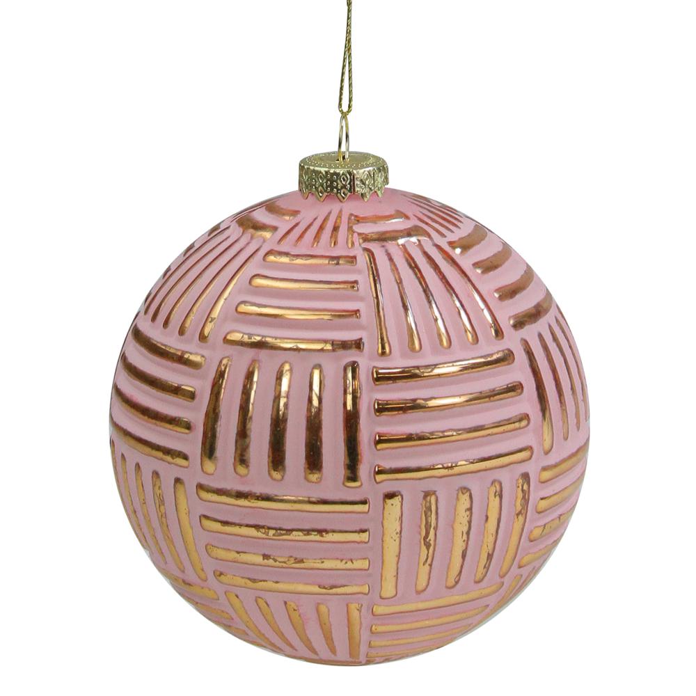 Pink and Gold Striped Matte Glass Christmas Ball Ornament 4" (100mm). Picture 1