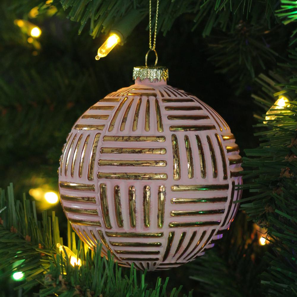 Pink and Gold Striped Matte Glass Christmas Ball Ornament 4" (100mm). Picture 2