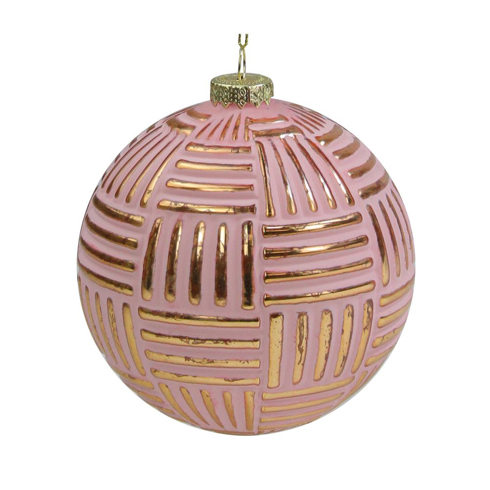 Pink and Gold Striped Matte Glass Christmas Ball Ornament 4" (100mm). Picture 3
