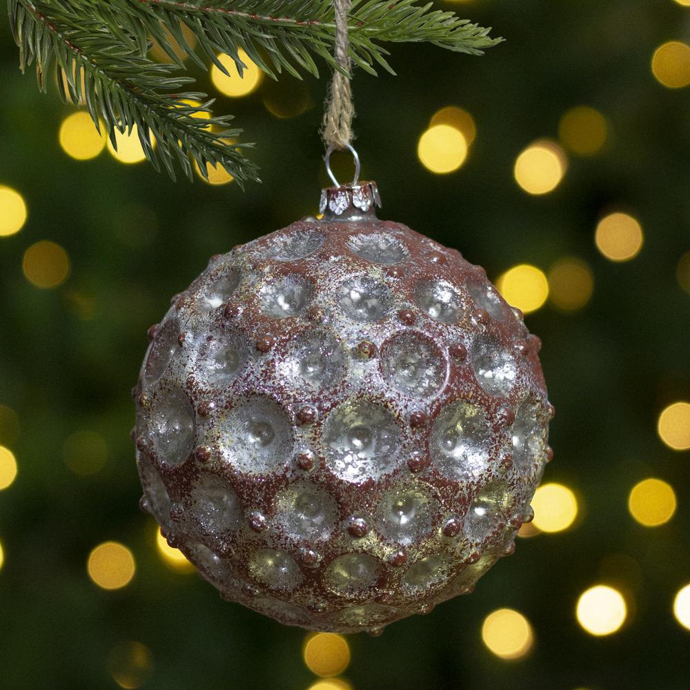 Mercury Silver Distressed Glass Christmas Ball Ornament 3.5" (88mm). Picture 2