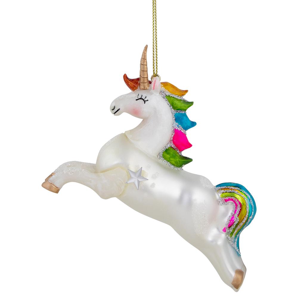 4.5" White Unicorn with Rainbow Mane Glittered Christmas Glass Ornament. Picture 1