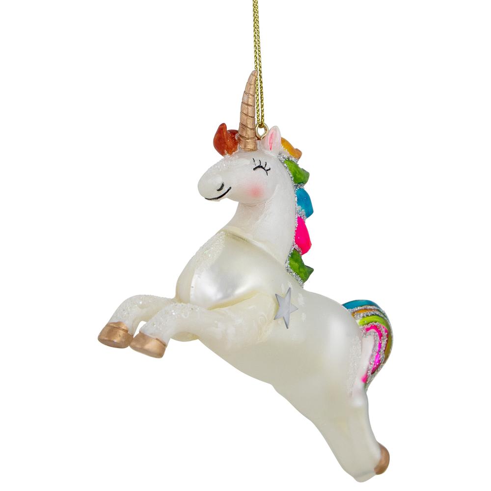 4.5" White Unicorn with Rainbow Mane Glittered Christmas Glass Ornament. Picture 3
