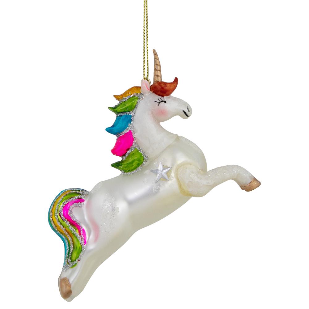4.5" White Unicorn with Rainbow Mane Glittered Christmas Glass Ornament. Picture 4