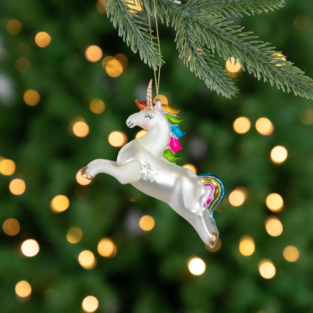 4.5" White Unicorn with Rainbow Mane Glittered Christmas Glass Ornament. Picture 2