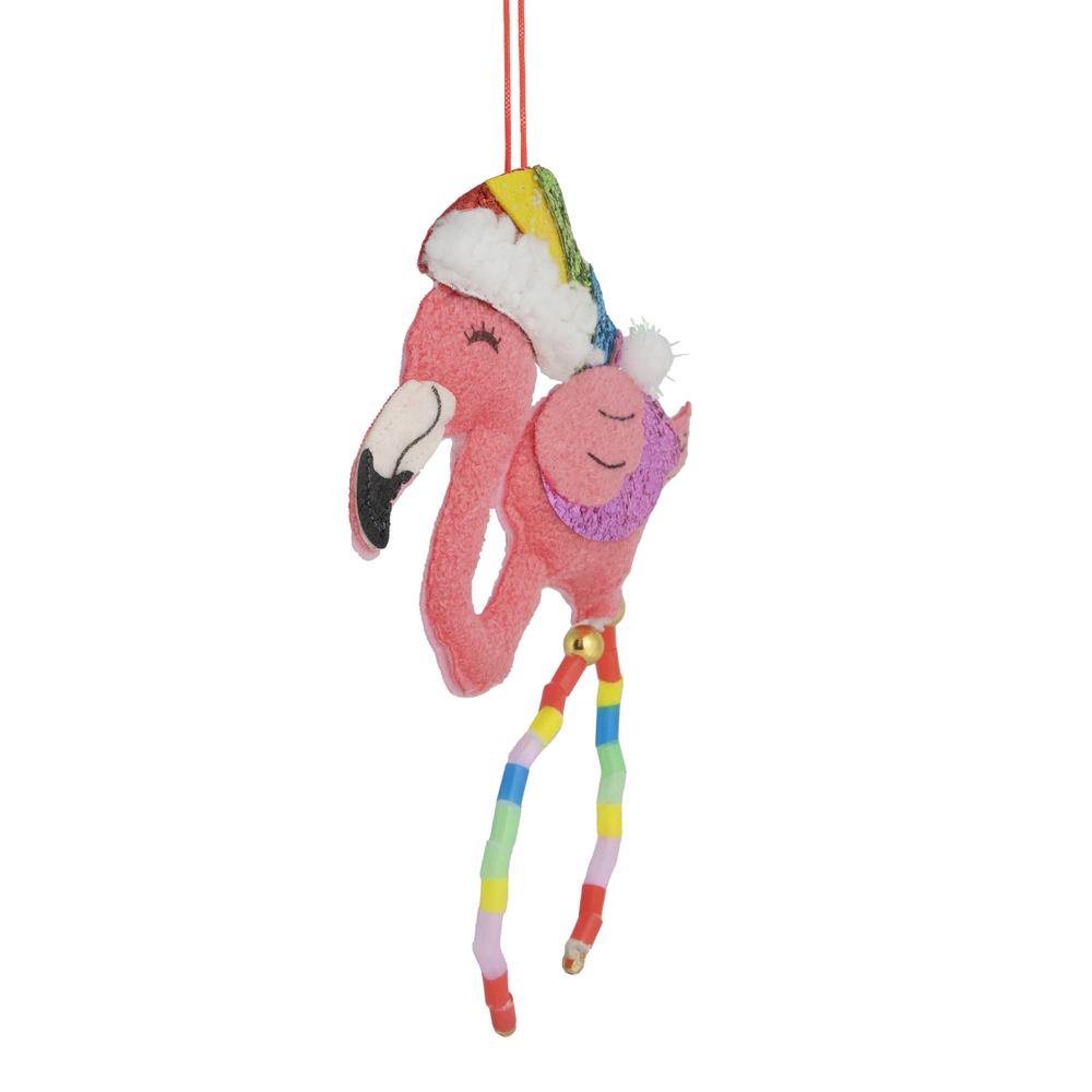 7.5" Pink Plush Flamingo with Rainbow Santa Hat Christmas Ornament. Picture 3
