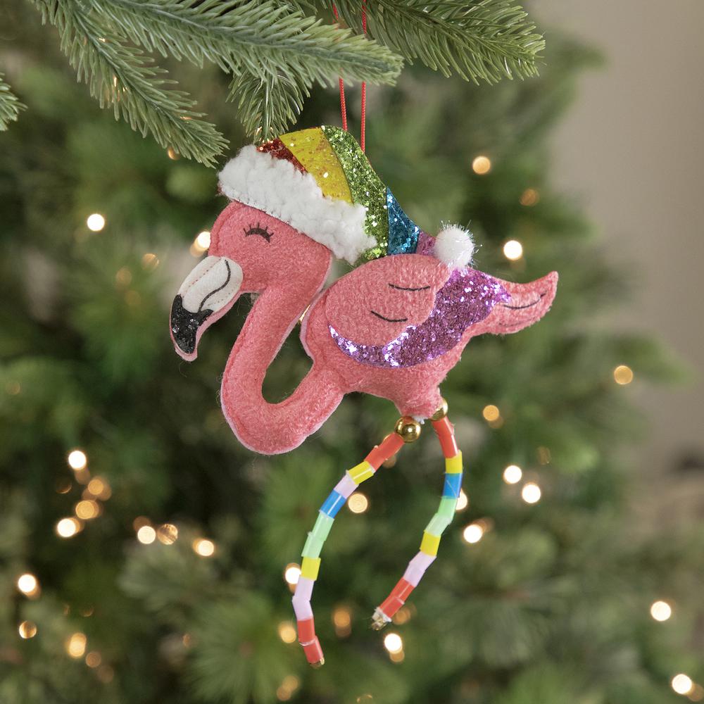 7.5" Pink Plush Flamingo with Rainbow Santa Hat Christmas Ornament. Picture 2