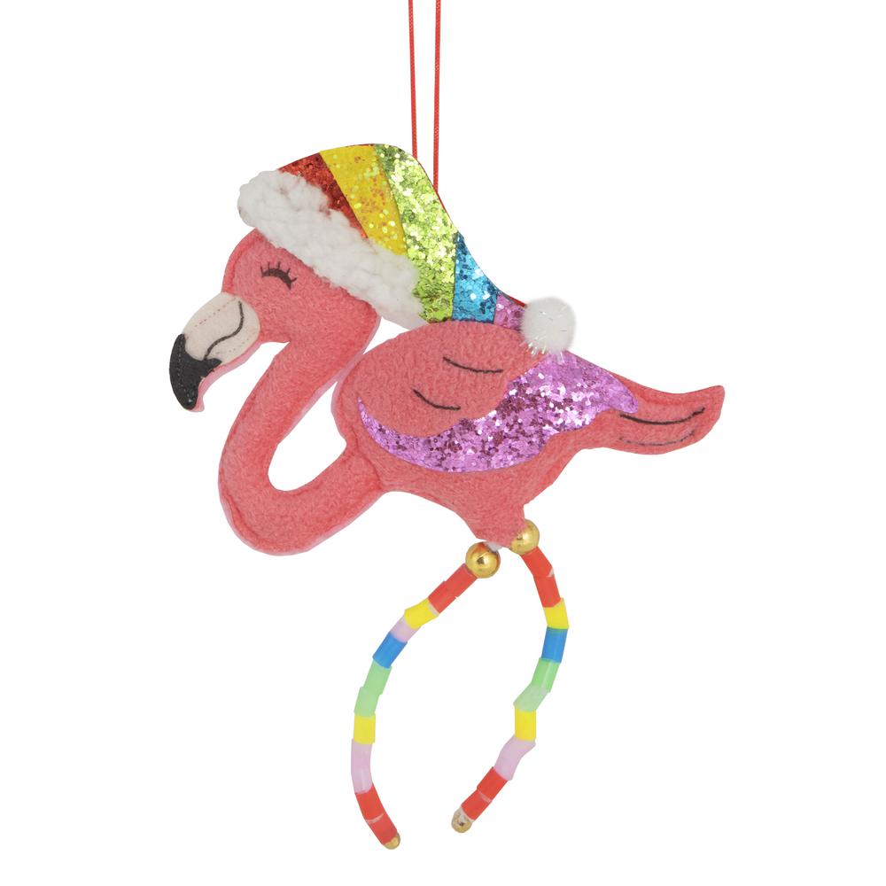 7.5" Pink Plush Flamingo with Rainbow Santa Hat Christmas Ornament. Picture 1
