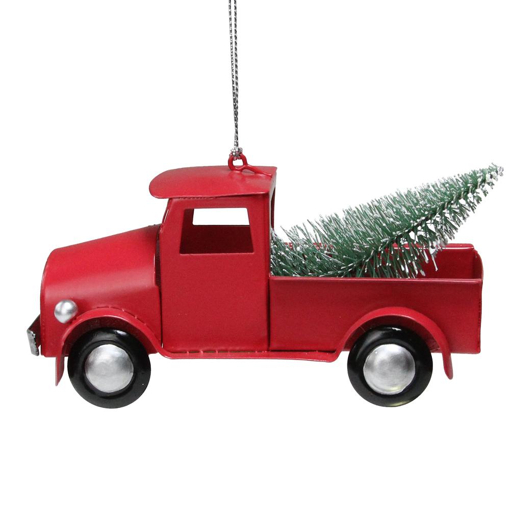 4.5" Red Vintage Style Truck with Frosted Tree Christmas Ornament. Picture 1