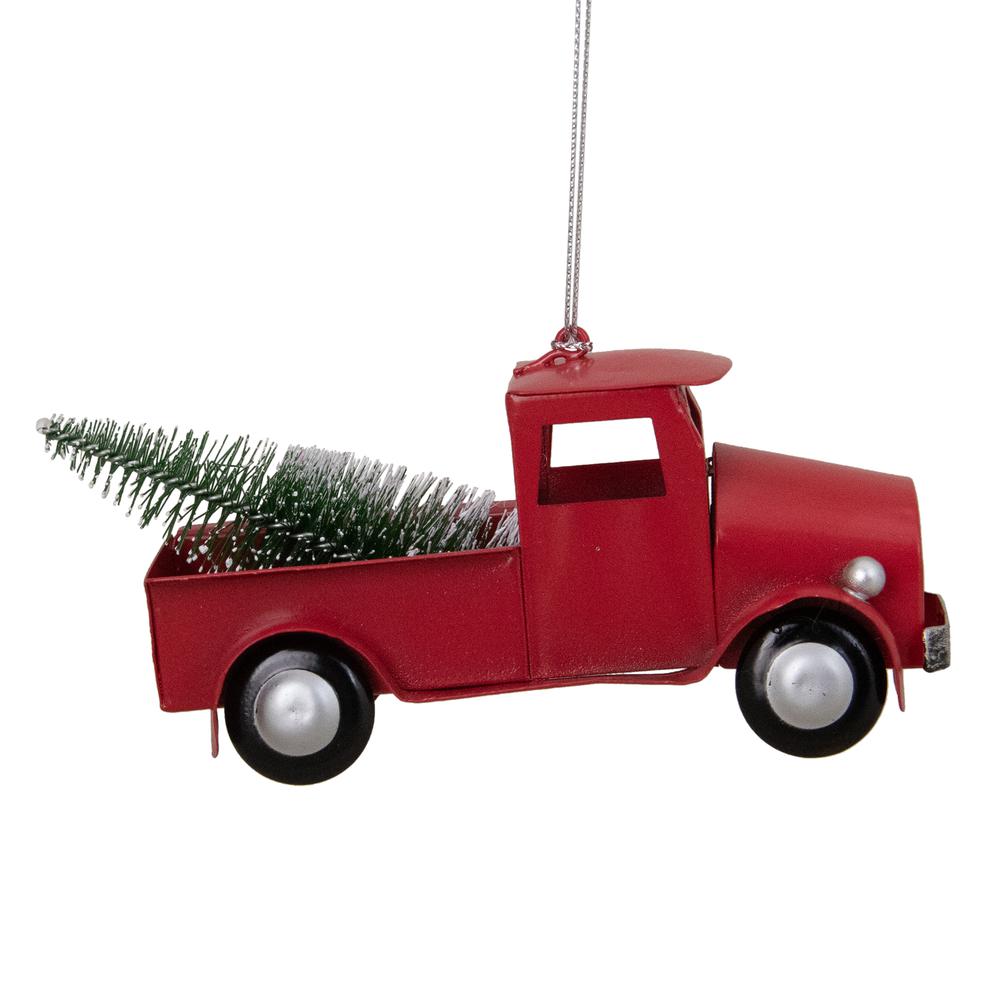 4.5" Red Vintage Style Truck with Frosted Tree Christmas Ornament. Picture 7