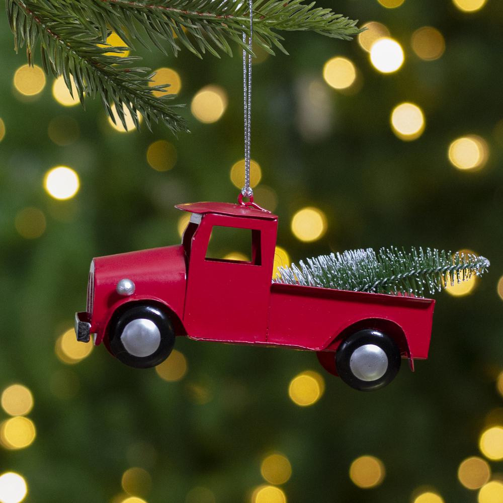 4.5" Red Vintage Style Truck with Frosted Tree Christmas Ornament. Picture 2