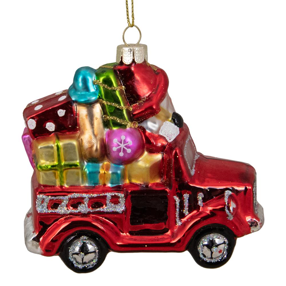 4" Red Fire Truck with Santa and Presents Glass Christmas Ornament. Picture 4