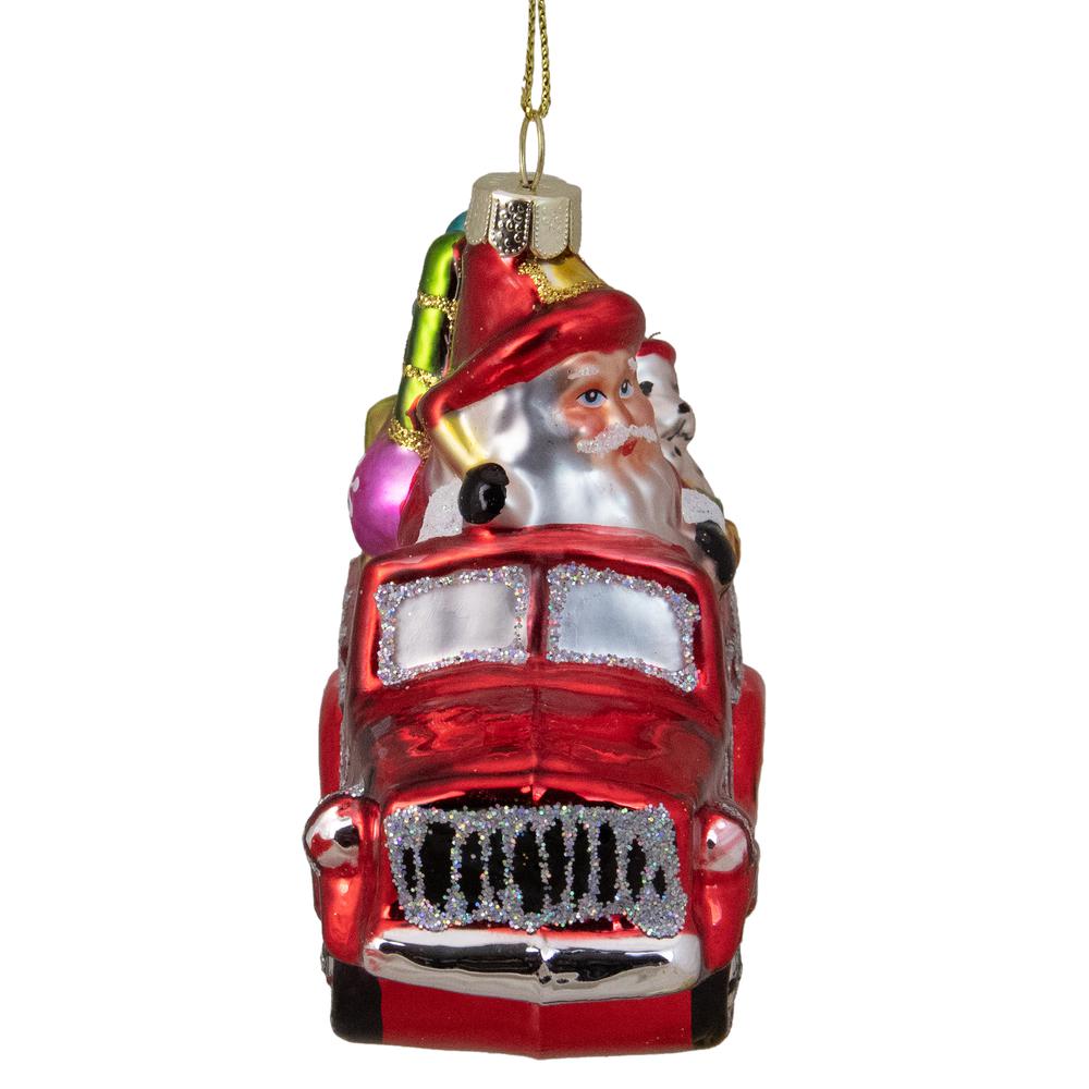 4" Red Fire Truck with Santa and Presents Glass Christmas Ornament. Picture 3