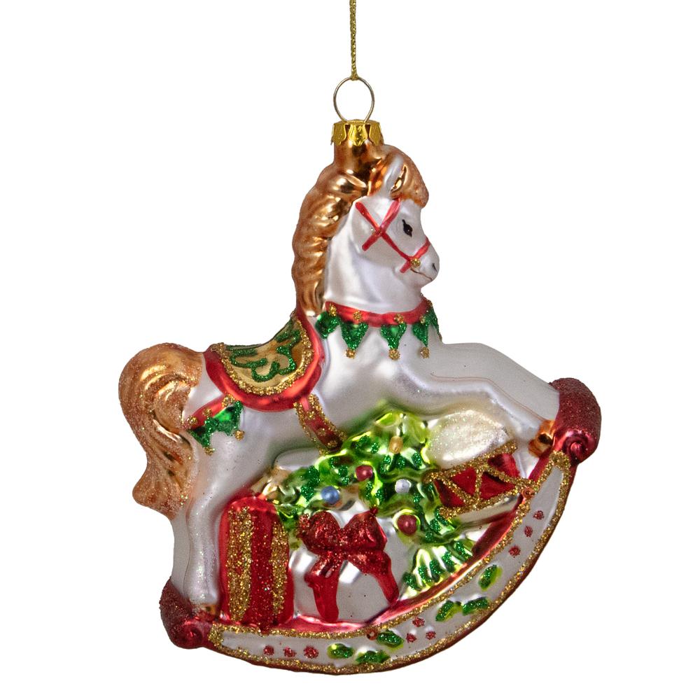 5" White and Red Traditional Rocking Horse with Gifts Christmas Ornament. Picture 4