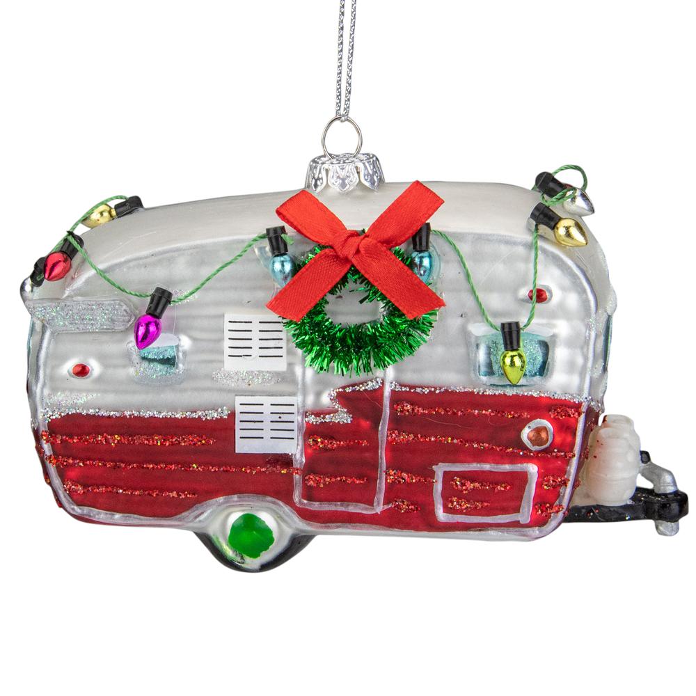 5" Red and White Vintage Camper Glass Christmas Ornament. Picture 1