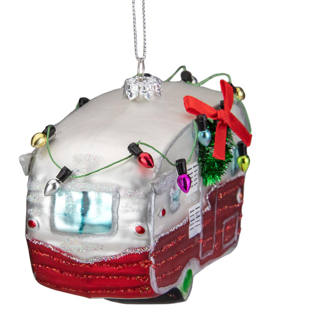 5" Red and White Vintage Camper Glass Christmas Ornament. Picture 7