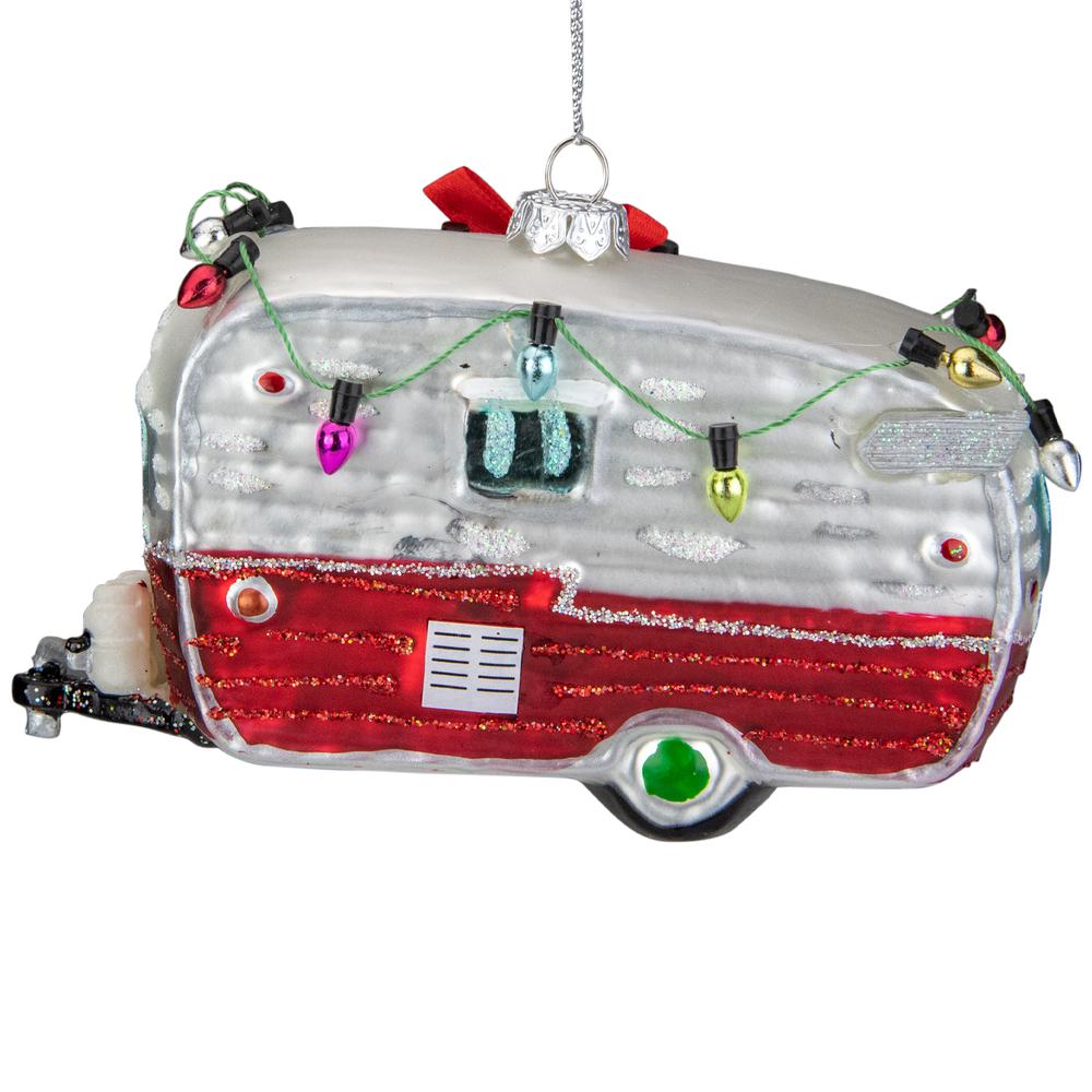 5" Red and White Vintage Camper Glass Christmas Ornament. Picture 3