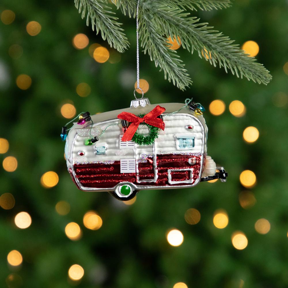 5" Red and White Vintage Camper Glass Christmas Ornament. Picture 2