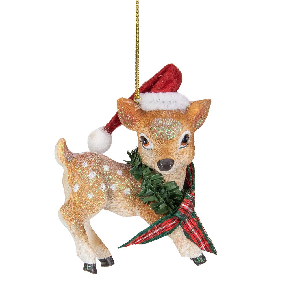 3" Fawn Reindeer Wearing Santa Hat and Plaid Bow Christmas Ornament. Picture 1