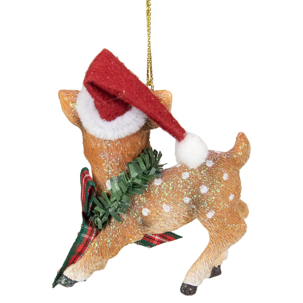 3" Fawn Reindeer Wearing Santa Hat and Plaid Bow Christmas Ornament. Picture 4
