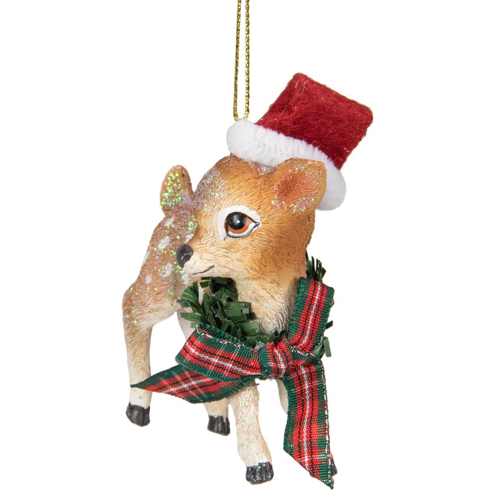 3" Fawn Reindeer Wearing Santa Hat and Plaid Bow Christmas Ornament. Picture 3