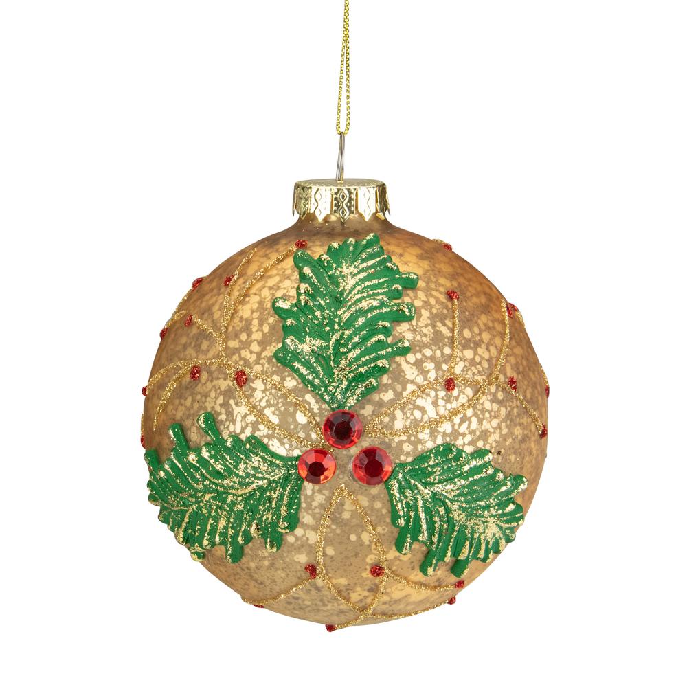4" Gold Holly Berry Mercury Glass Ball Christmas Ornament. Picture 1
