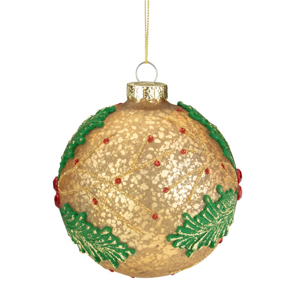 4" Gold Holly Berry Mercury Glass Ball Christmas Ornament. Picture 3