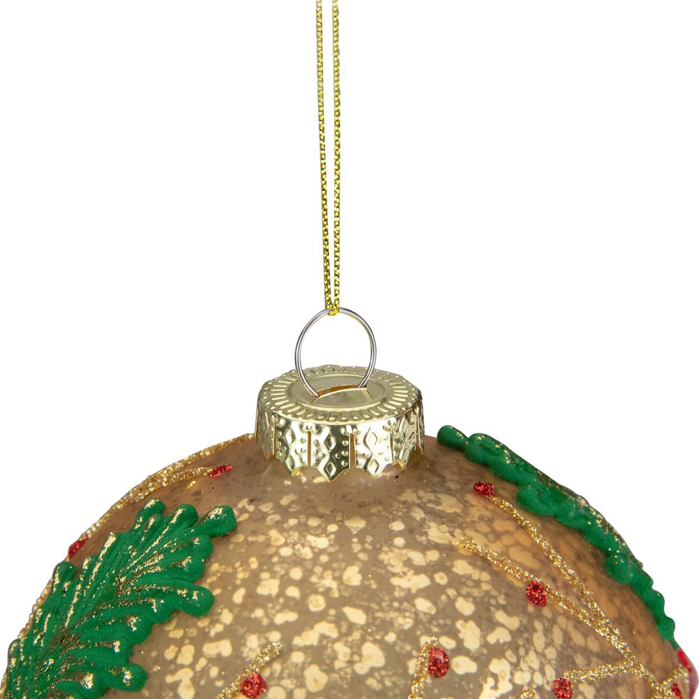 4" Gold Holly Berry Mercury Glass Ball Christmas Ornament. Picture 2