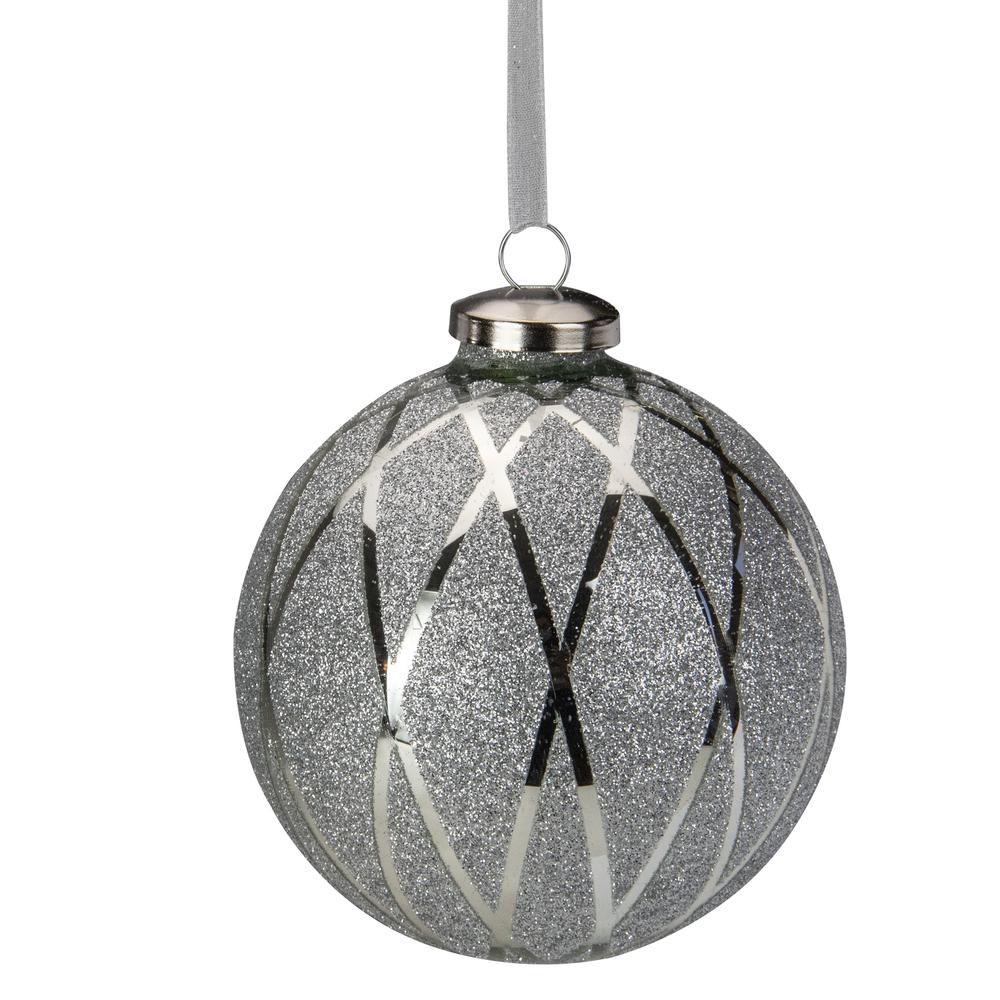 4" Silver Diamond with Glitter Glass Christmas Ball Ornament. Picture 1