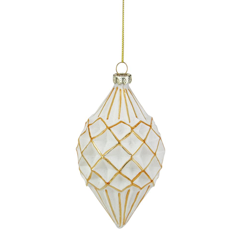 5" Glittered White and Gold Geometric Finial Glass Christmas Ornament. Picture 1