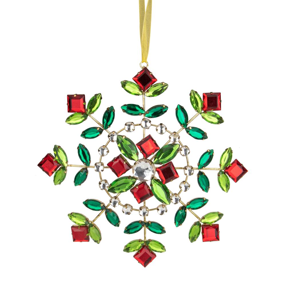 6.5" Green and Red Gem Stone Flowers Snowflake Christmas Ornament. Picture 1
