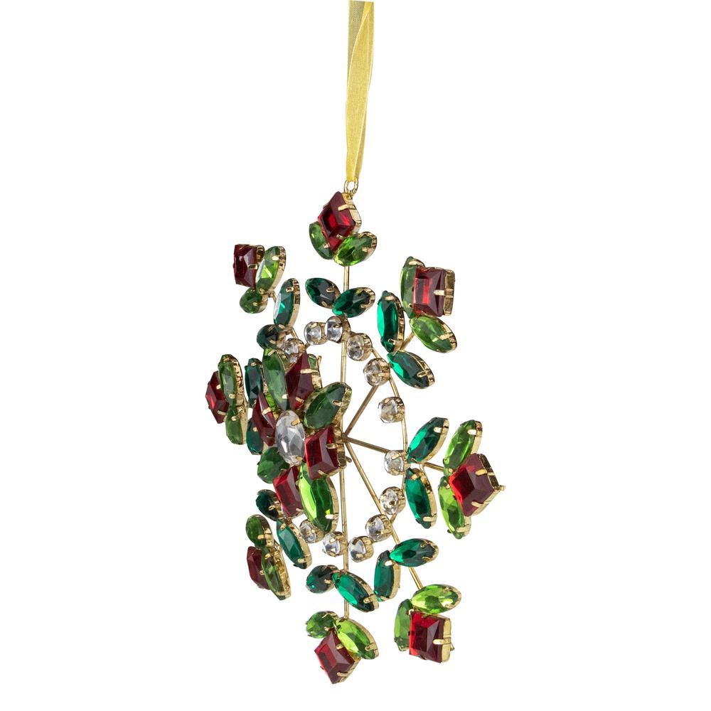 6.5" Green and Red Gem Stone Flowers Snowflake Christmas Ornament. Picture 2