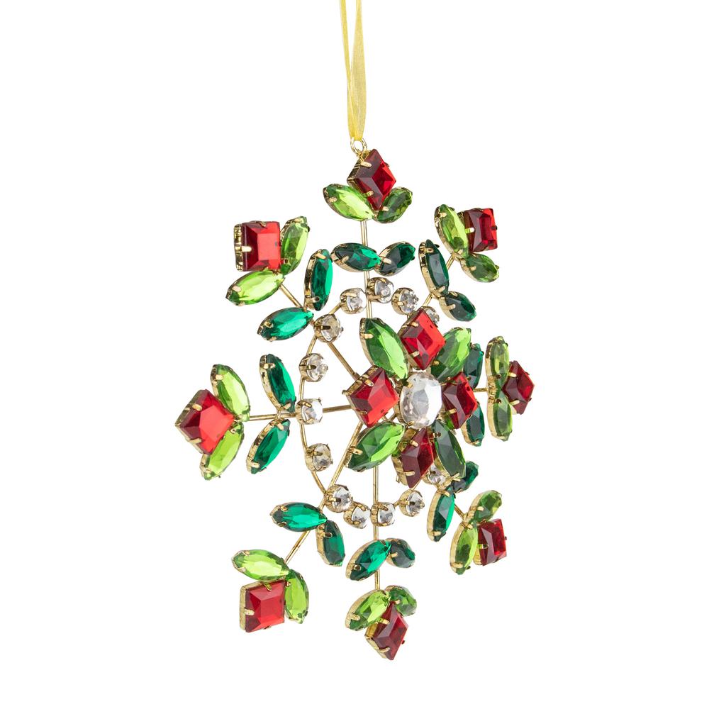 6.5" Green and Red Gem Stone Flowers Snowflake Christmas Ornament. Picture 3
