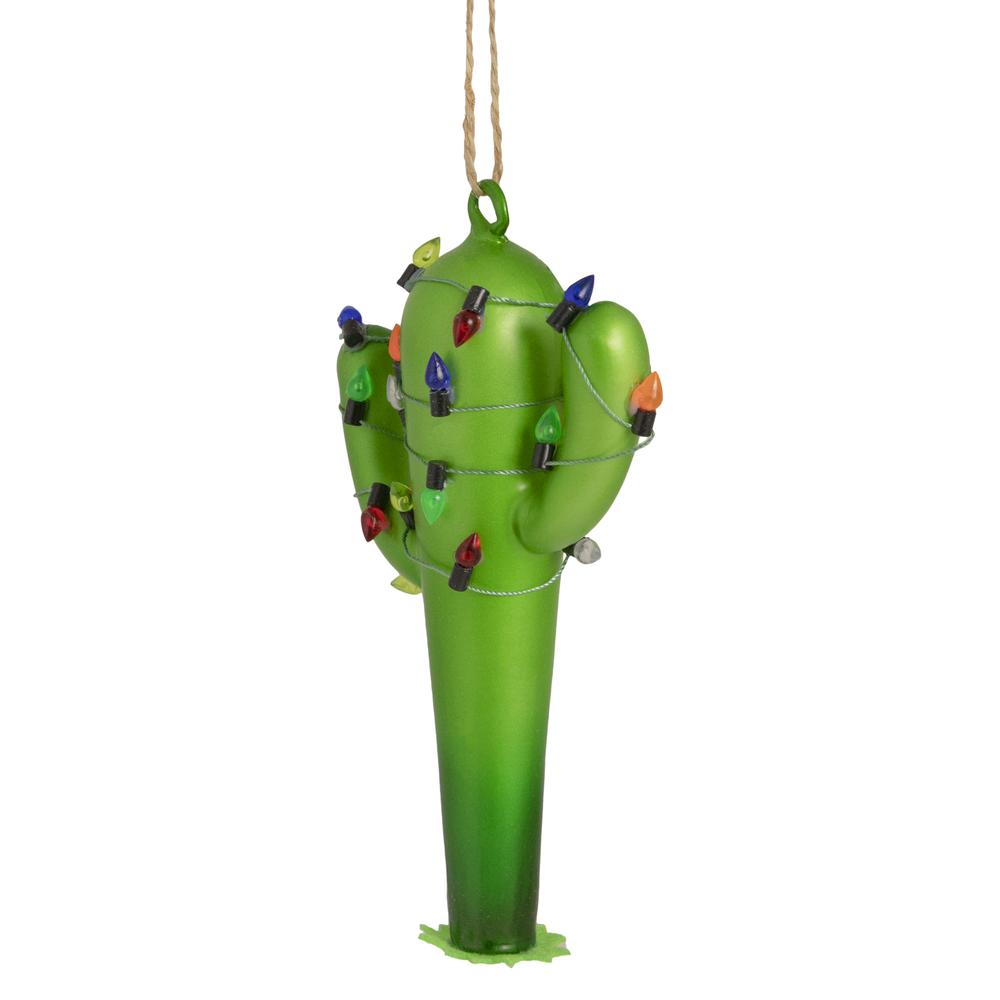5.5" Green Cactus with Retro Light String Glass Christmas Ornament. Picture 3