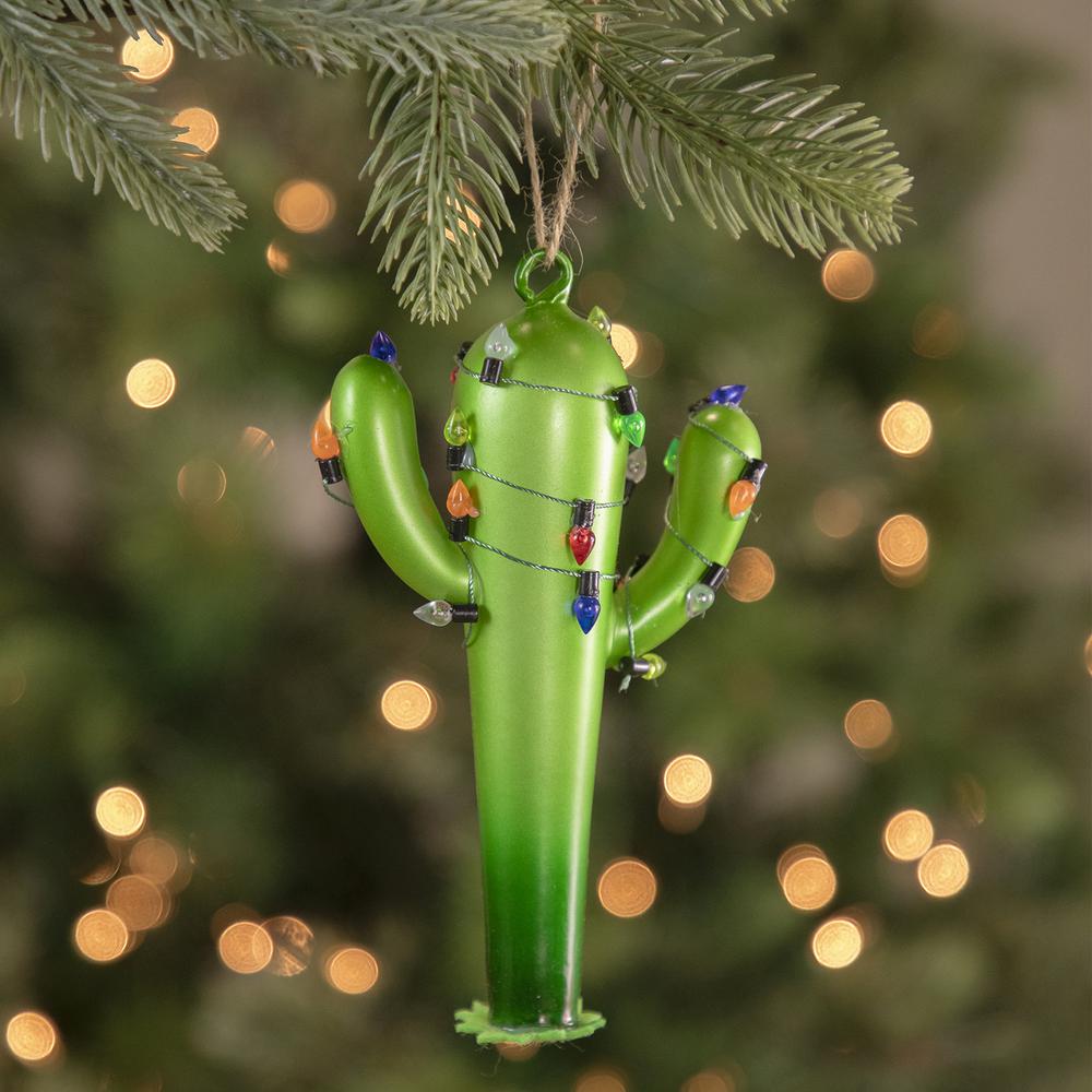 5.5" Green Cactus with Retro Light String Glass Christmas Ornament. Picture 2