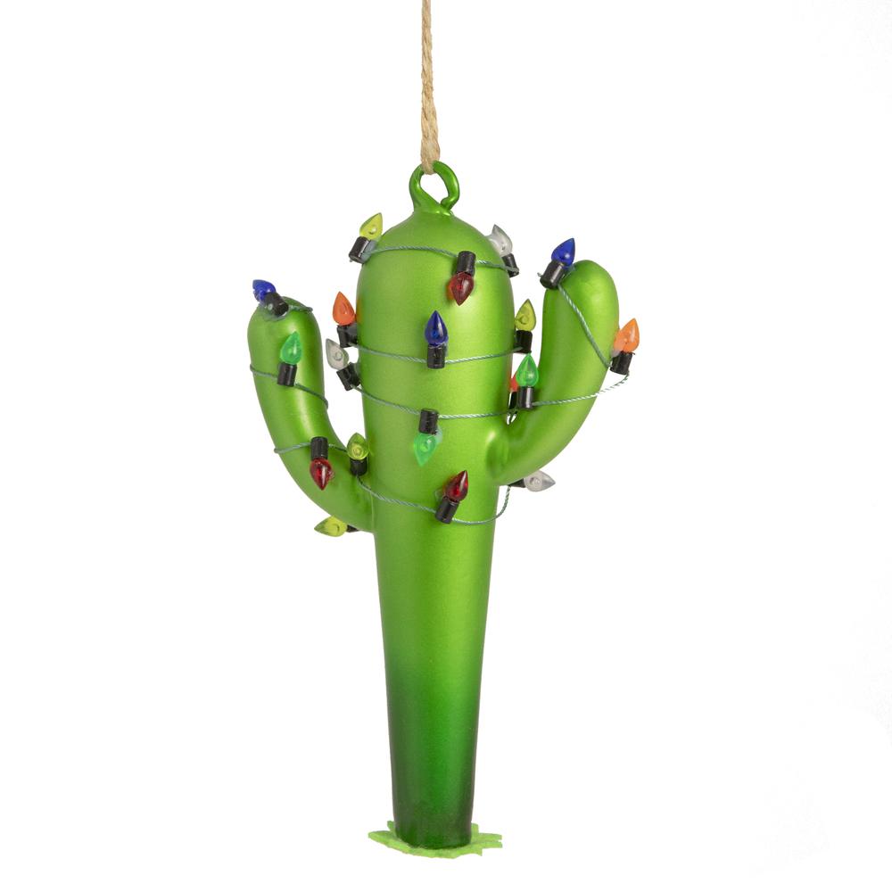 5.5" Green Cactus with Retro Light String Glass Christmas Ornament. Picture 1