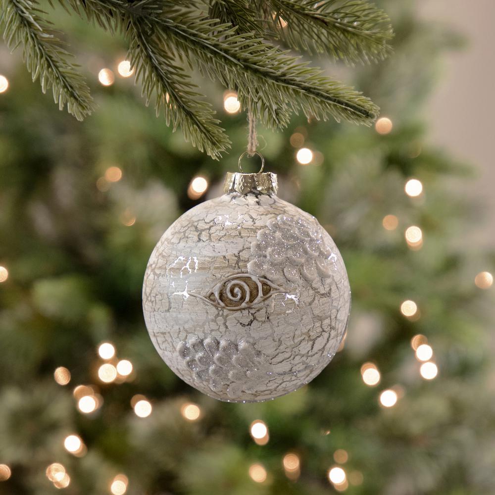 4" Birch Wood and Glitter Pine Cones Glass Ball Christmas Ornament. Picture 2
