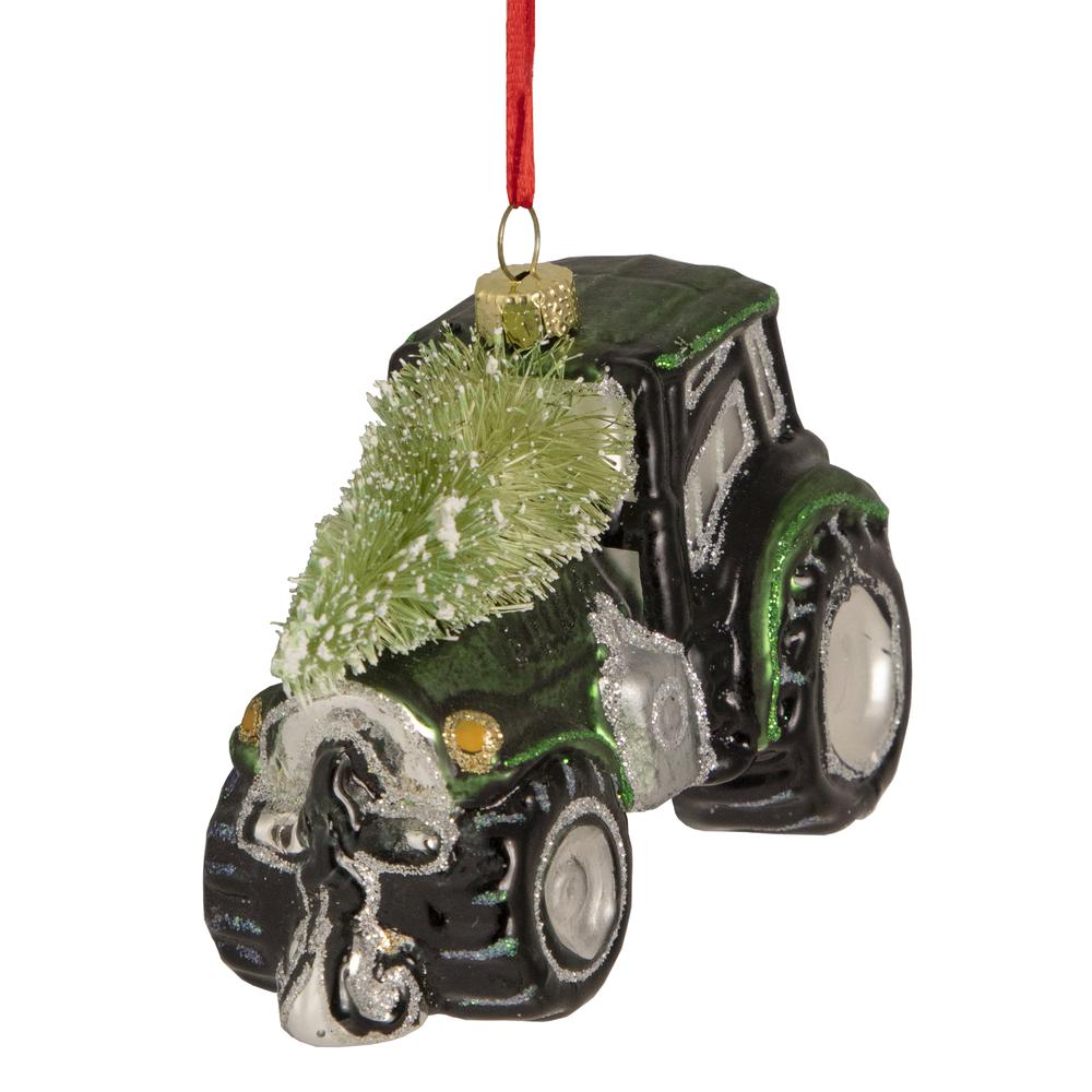 4" Green Tractor with Tree Glass Christmas Ornament. Picture 3