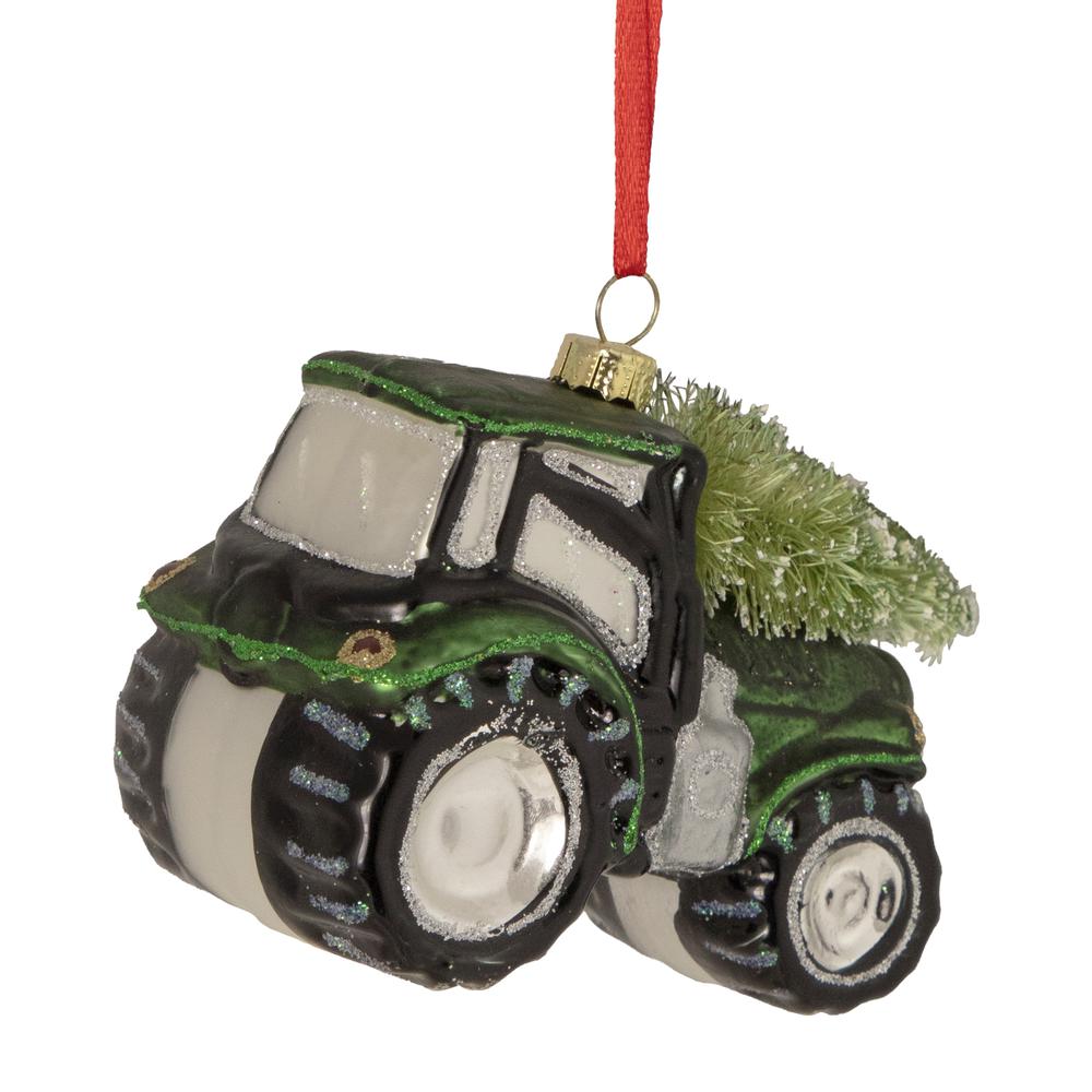 4" Green Tractor with Tree Glass Christmas Ornament. Picture 4